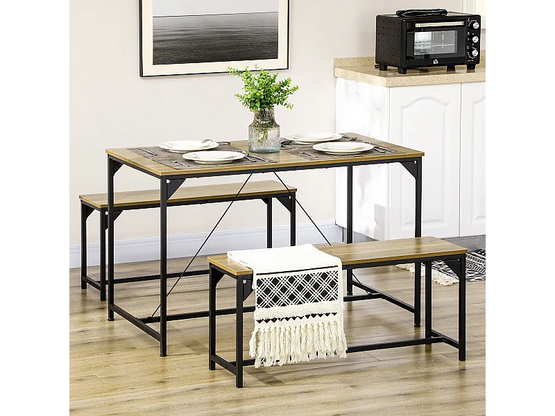 Ensemble table à manger et 2 bancs 4 personnes châssis acier noir plateau assises aspect bois clair naturel