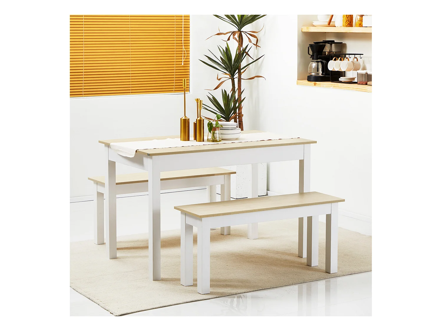 Ensemble table à manger 3 pièces - 2 bancs encastrables, grande table 4-6 personnes - blanc aspect bois clair