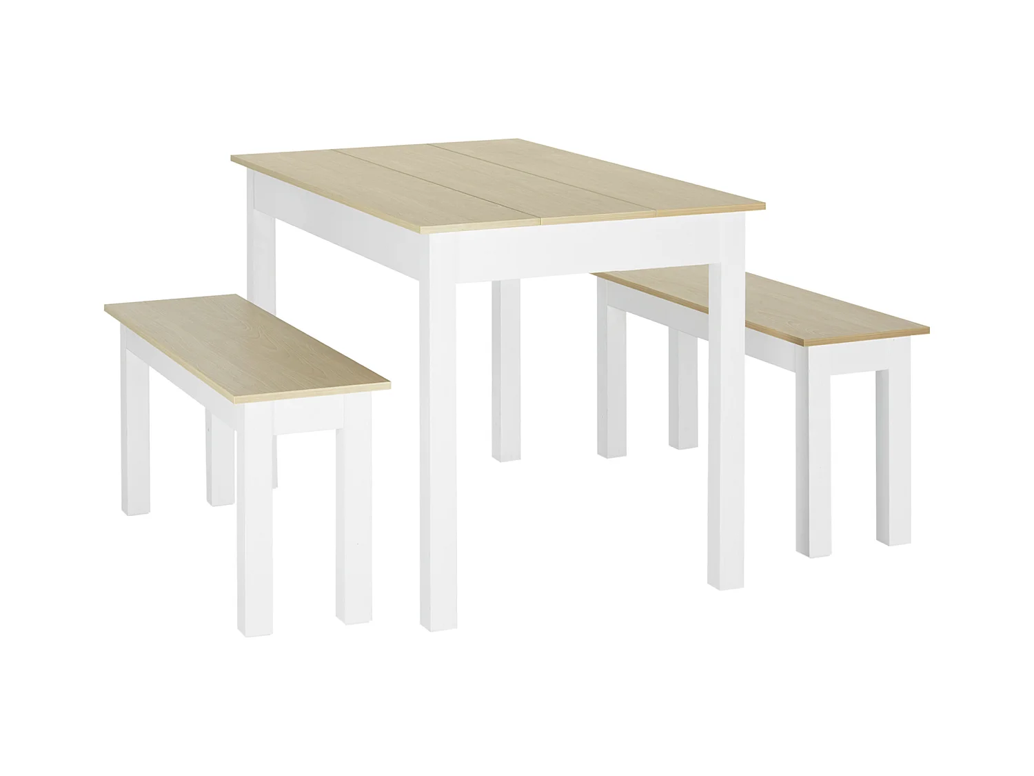 Ensemble table à manger 3 pièces - 2 bancs encastrables, grande table 4-6 personnes - blanc aspect bois clair