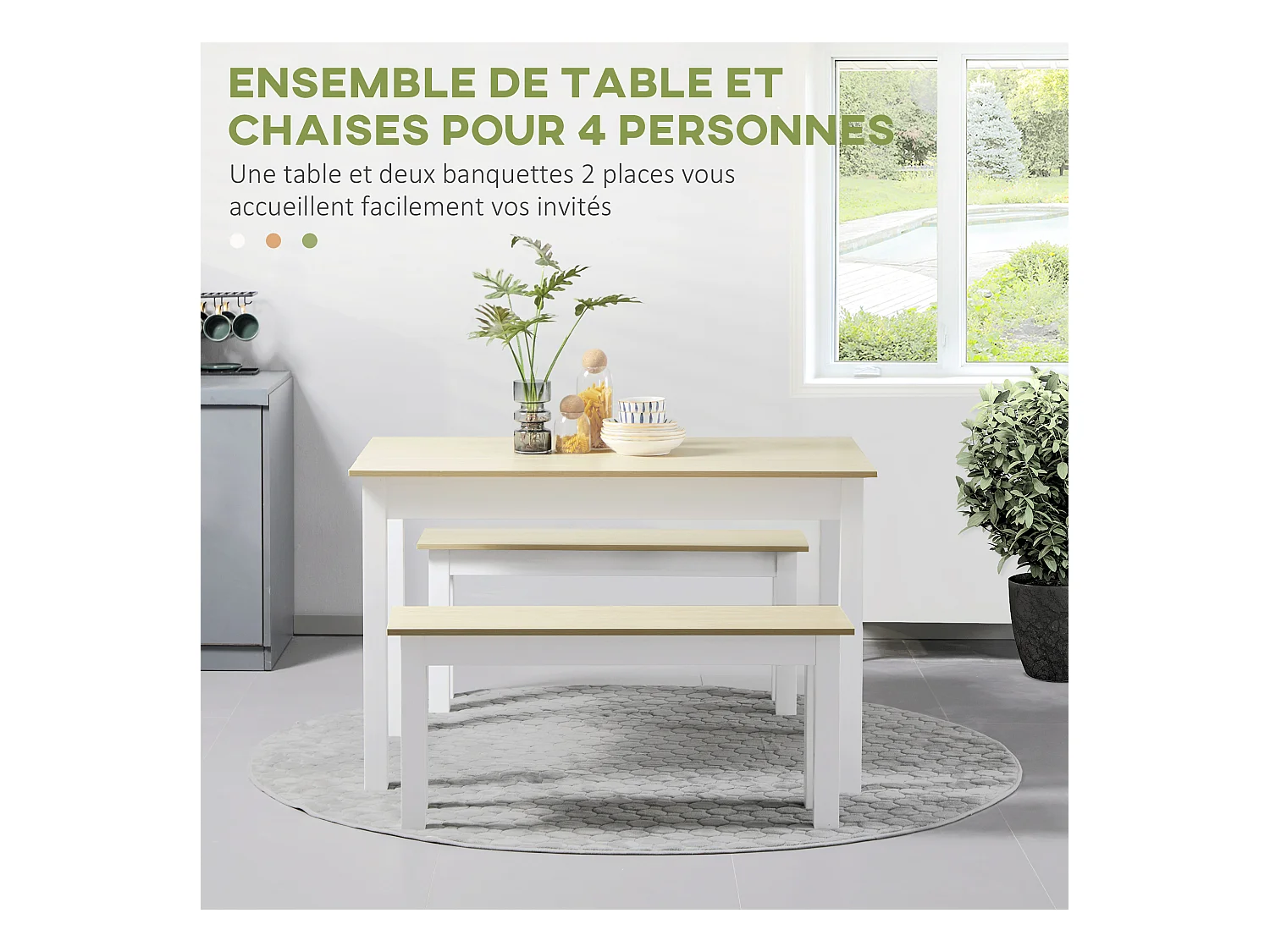 Ensemble table à manger 3 pièces - 2 bancs encastrables, grande table 4-6 personnes - blanc aspect bois clair
