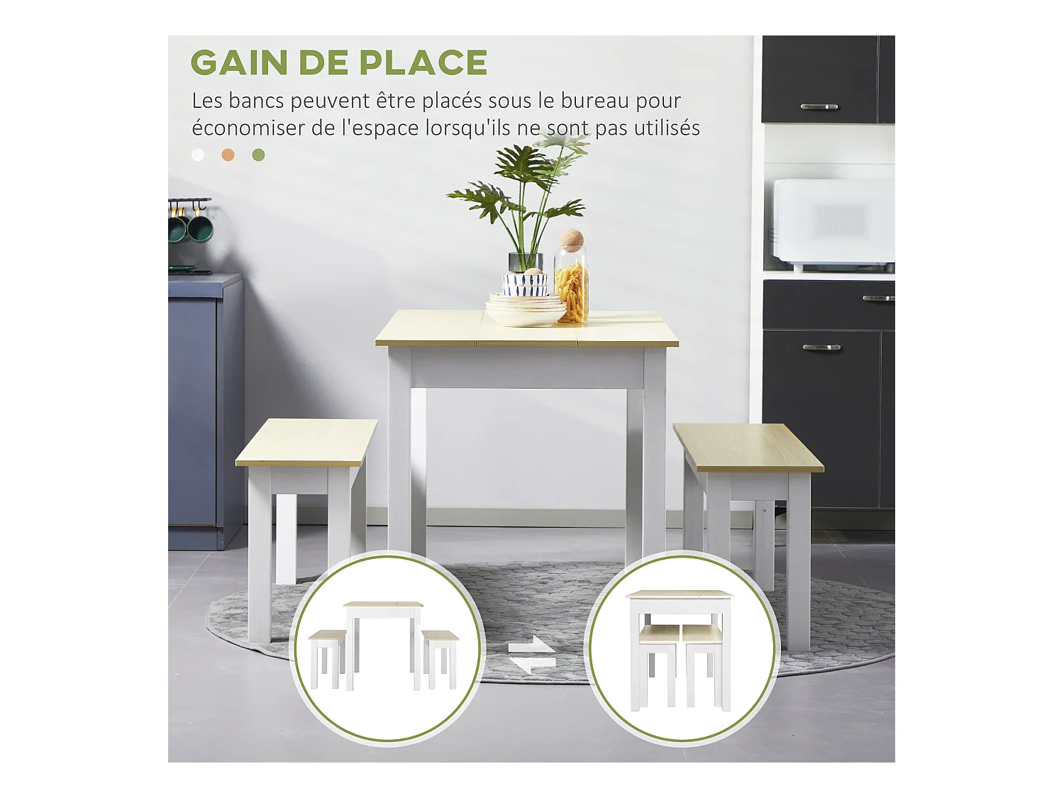 Ensemble table à manger 3 pièces - 2 bancs encastrables, grande table 4-6 personnes - blanc aspect bois clair