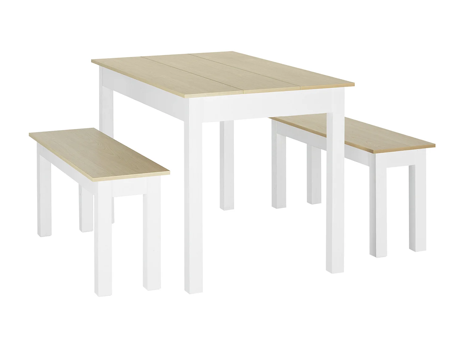 Ensemble table à manger 3 pièces - 2 bancs encastrables, grande table 4-6 personnes - blanc aspect bois clair