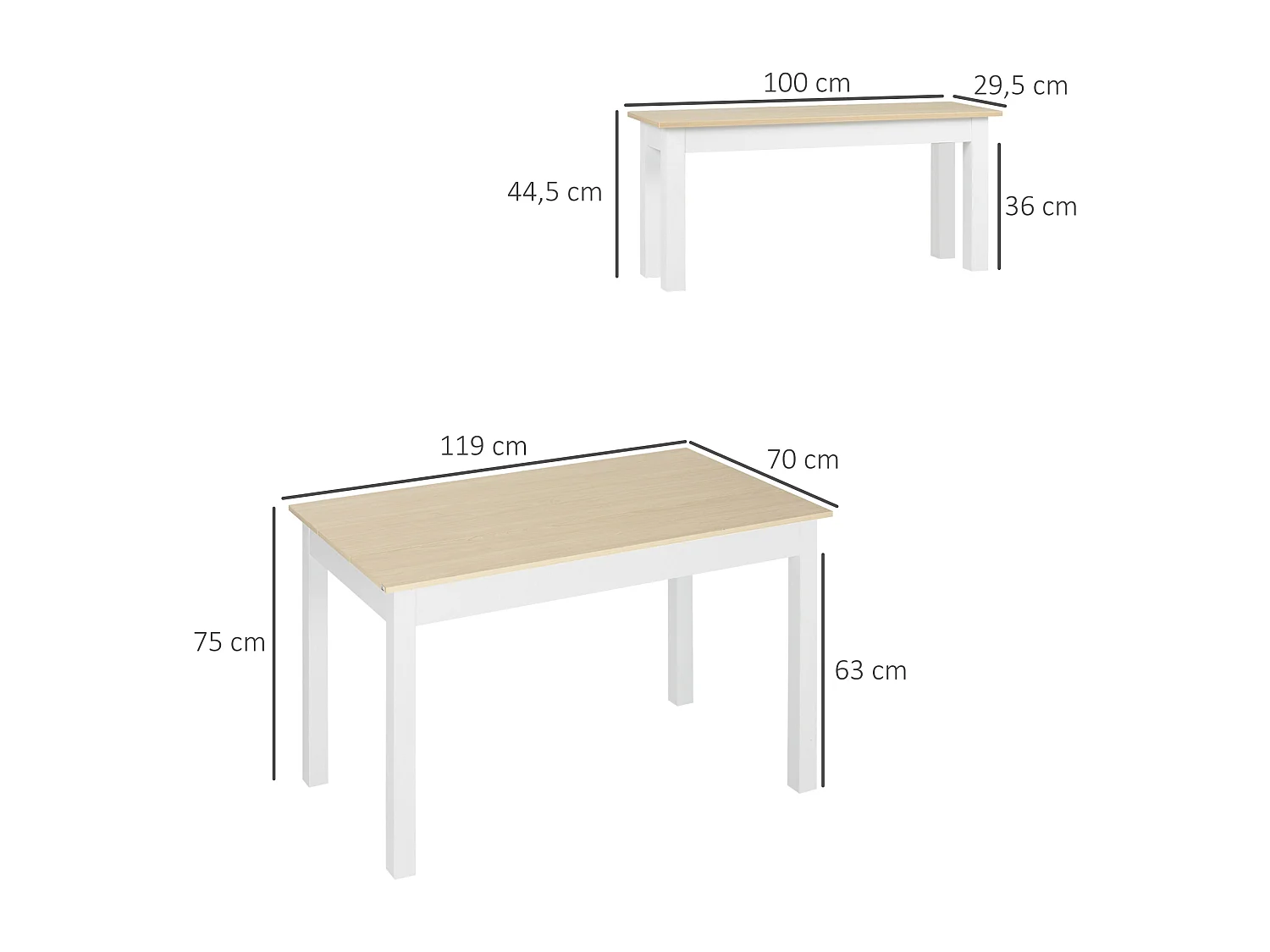 Ensemble table à manger 3 pièces - 2 bancs encastrables, grande table 4-6 personnes - blanc aspect bois clair