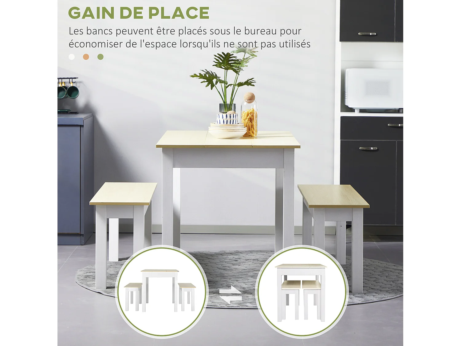 Ensemble table à manger 3 pièces - 2 bancs encastrables, grande table 4-6 personnes - blanc aspect bois clair