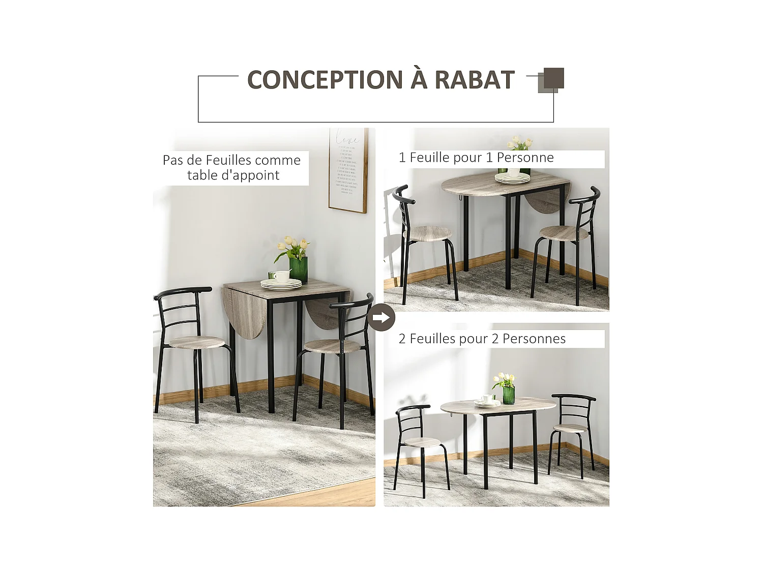 Ensemble table à manger 3 pièces avec 2 chaises style industriel - table extensible - acier MDF aspect chêne clair