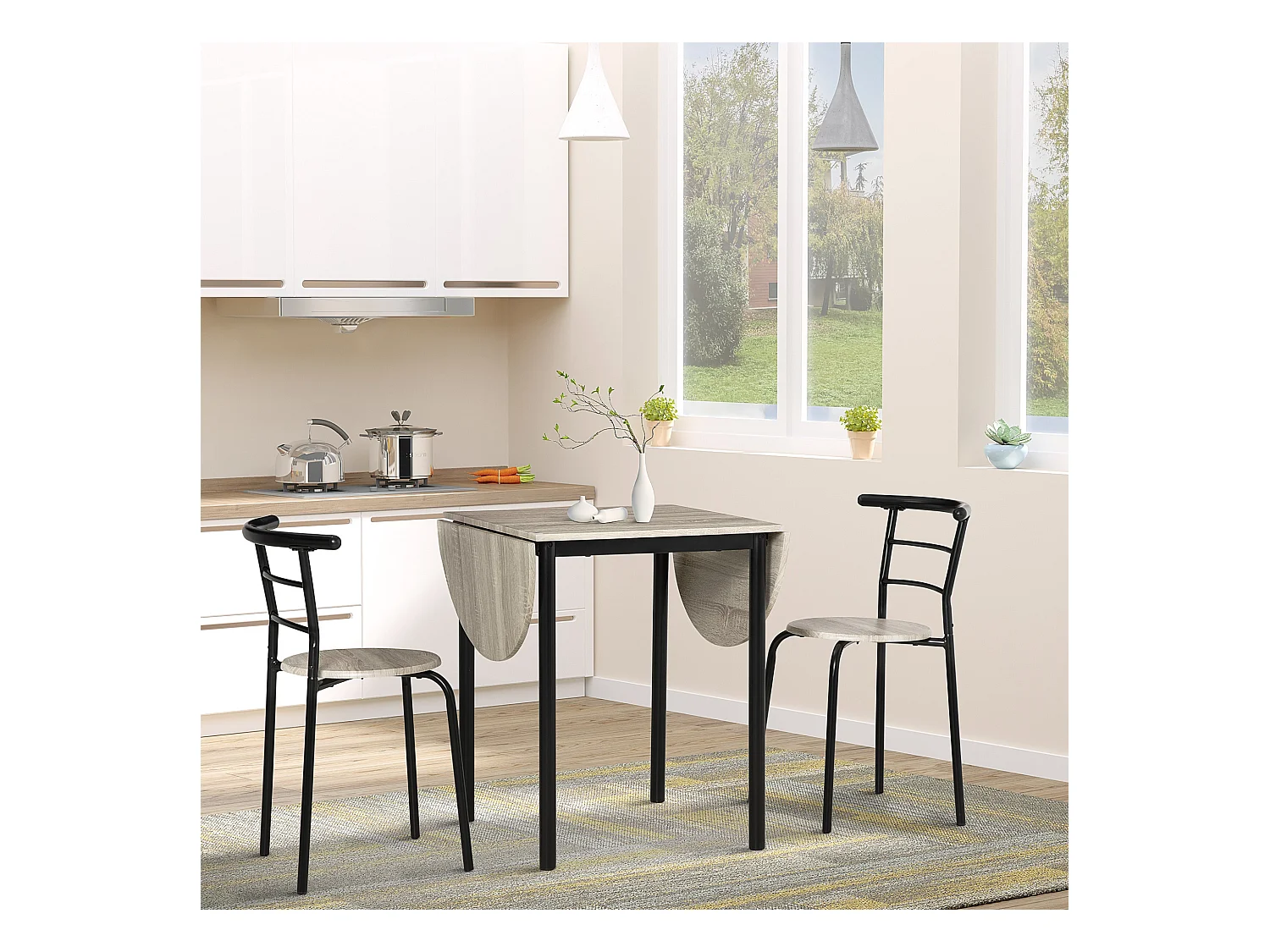 Ensemble table à manger 3 pièces avec 2 chaises style industriel - table extensible - acier MDF aspect chêne clair