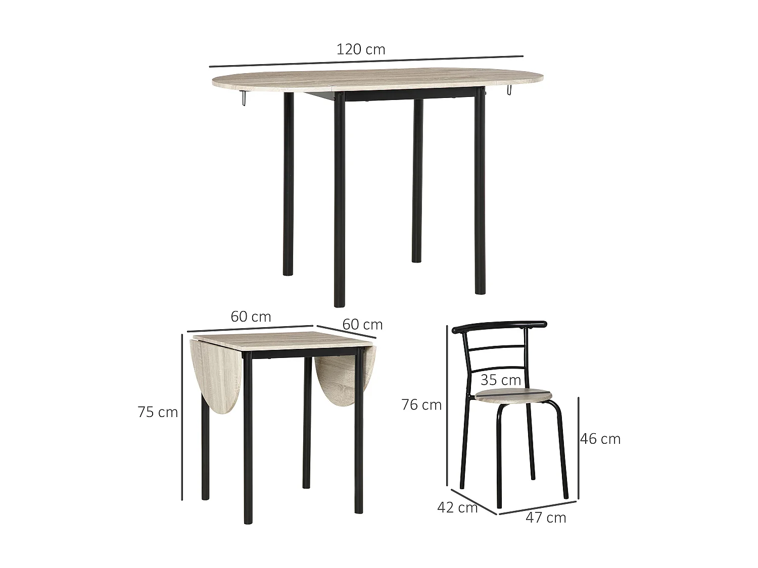 Ensemble table à manger 3 pièces avec 2 chaises style industriel - table extensible - acier MDF aspect chêne clair