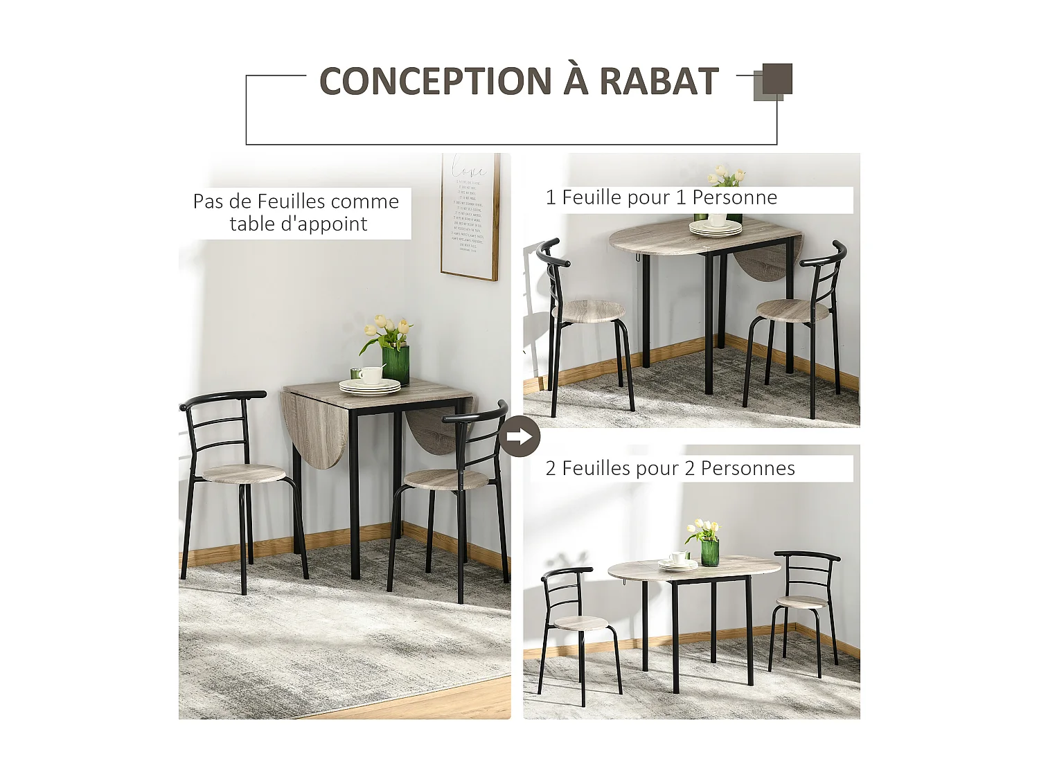 Ensemble table à manger 3 pièces avec 2 chaises style industriel - table extensible - acier MDF aspect chêne clair