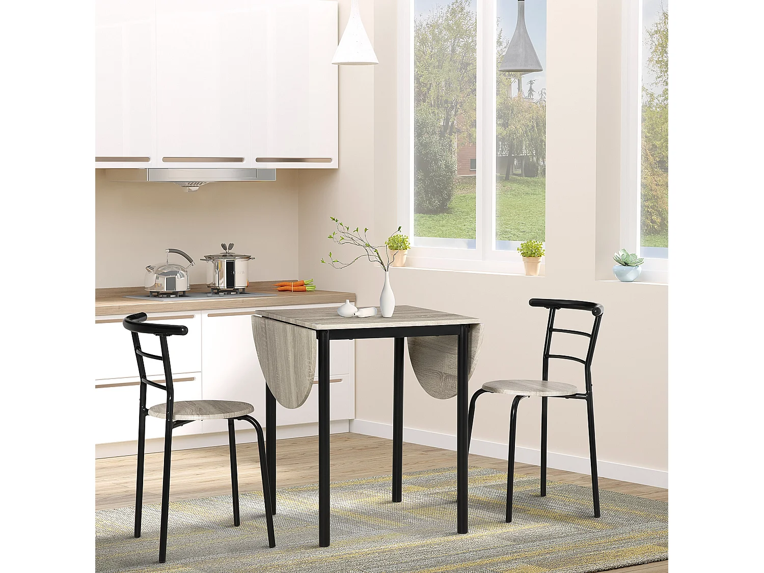 Ensemble table à manger 3 pièces avec 2 chaises style industriel - table extensible - acier MDF aspect chêne clair