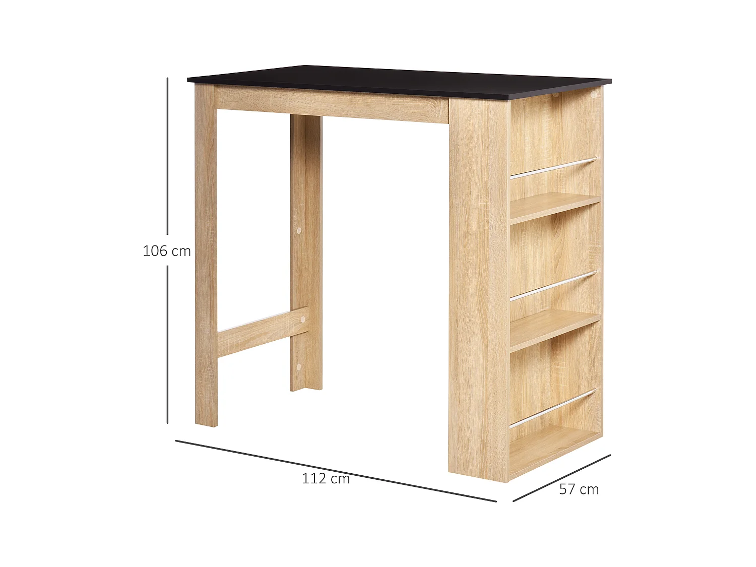 Table de bar table haute de cuisine mange-debout comptoir - 3 étagères - aspect chêne clair noir