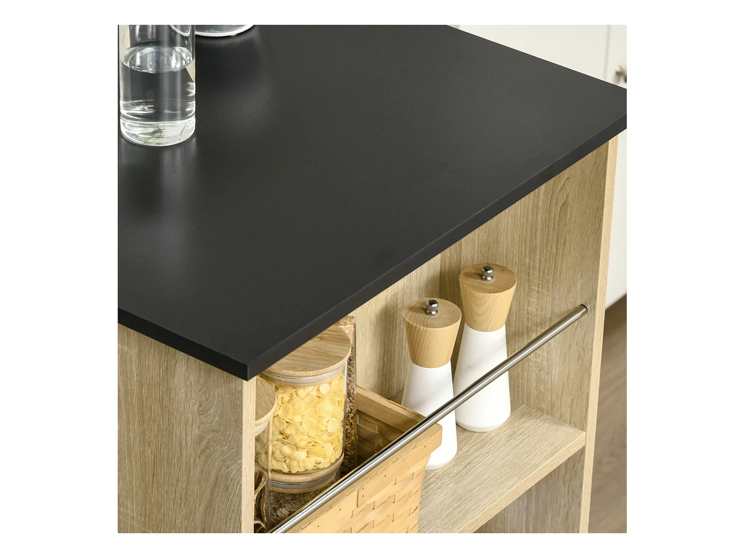 Table de bar table haute de cuisine mange-debout comptoir - 3 étagères - aspect chêne clair noir