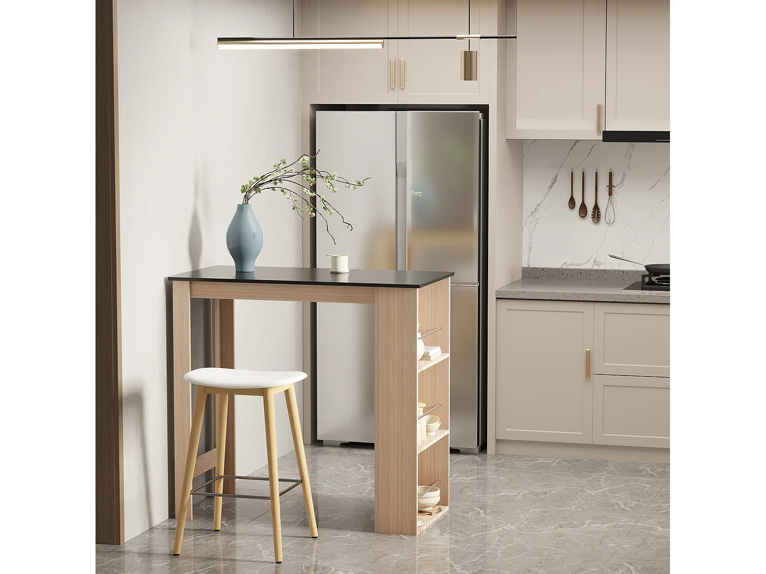 Table de bar table haute de cuisine mange-debout comptoir - 3 étagères - aspect chêne clair noir