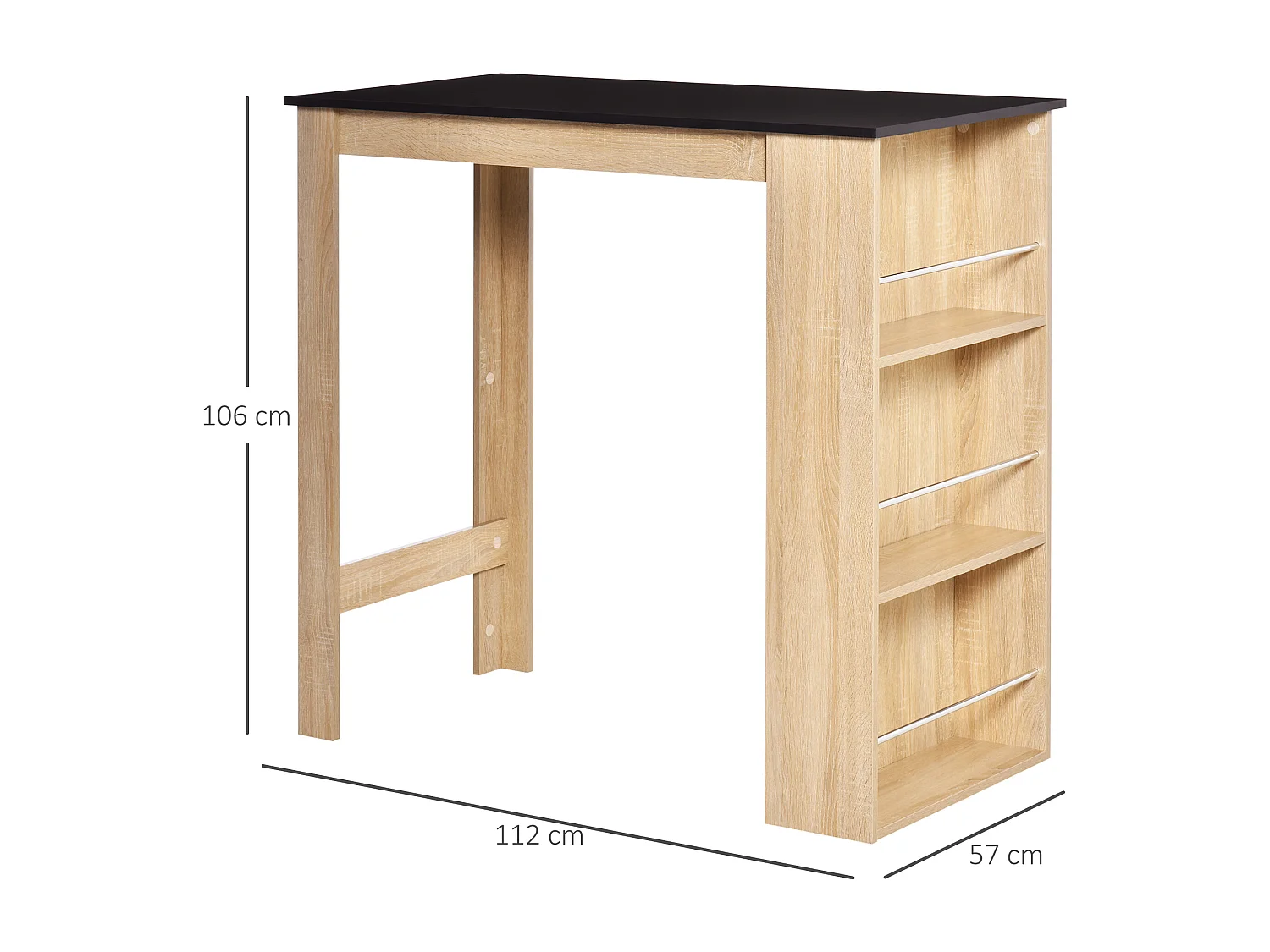 Table de bar table haute de cuisine mange-debout comptoir - 3 étagères - aspect chêne clair noir