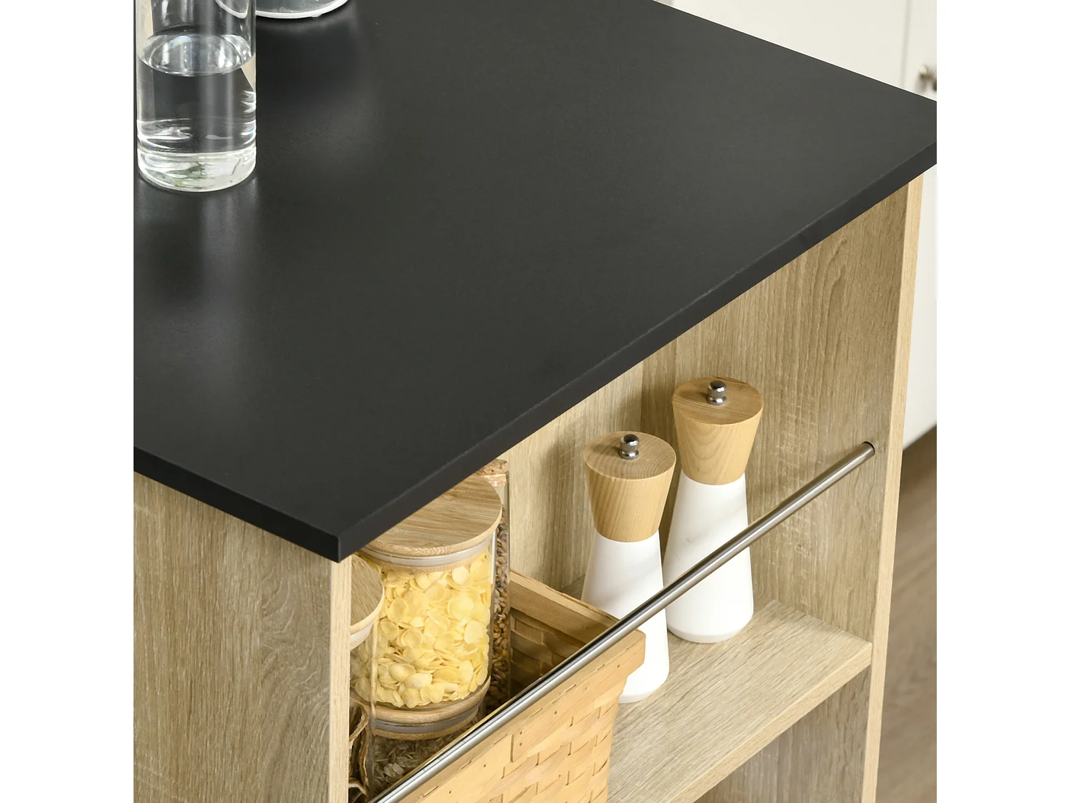 Table de bar table haute de cuisine mange-debout comptoir - 3 étagères - aspect chêne clair noir