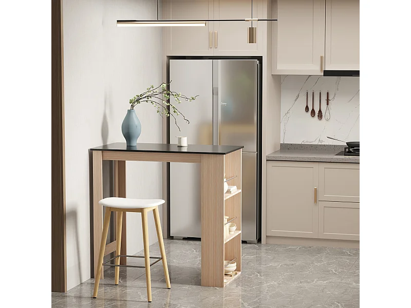 Table de bar table haute de cuisine mange-debout comptoir - 3 étagères - aspect chêne clair noir