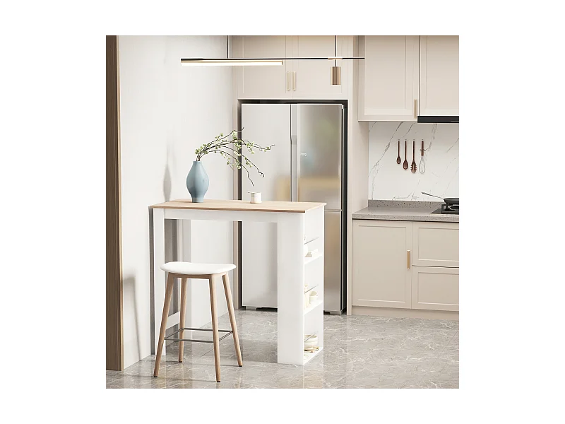 Table de bar table haute de cuisine mange-debout comptoir - 3 étagères - aspect chêne clair blanc