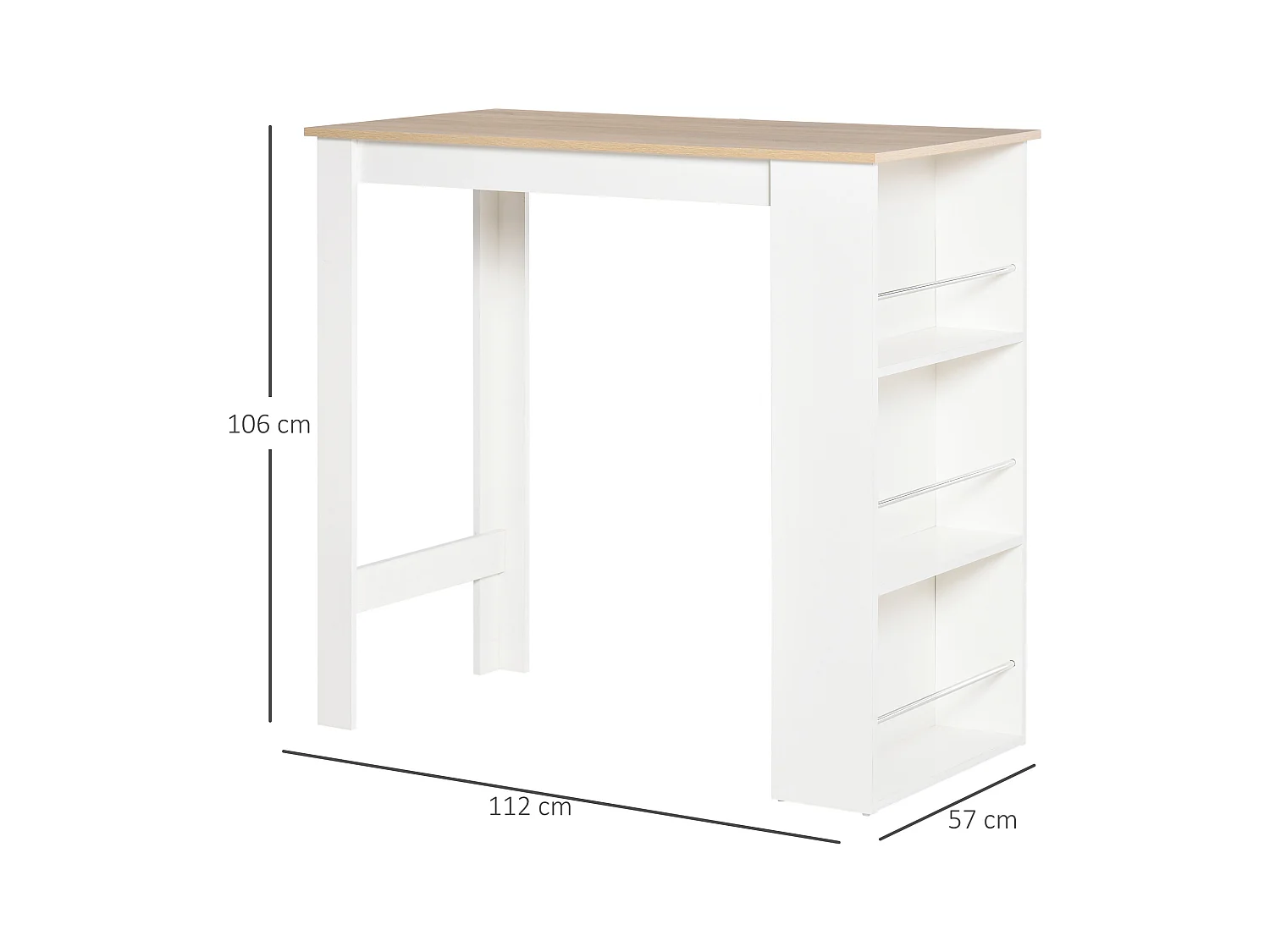 Table de bar table haute de cuisine mange-debout comptoir - 3 étagères - aspect chêne clair blanc