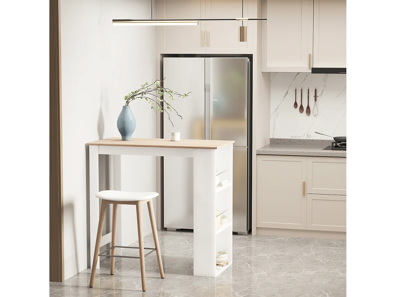 Table de bar table haute de cuisine mange-debout comptoir - 3 étagères - aspect chêne clair blanc