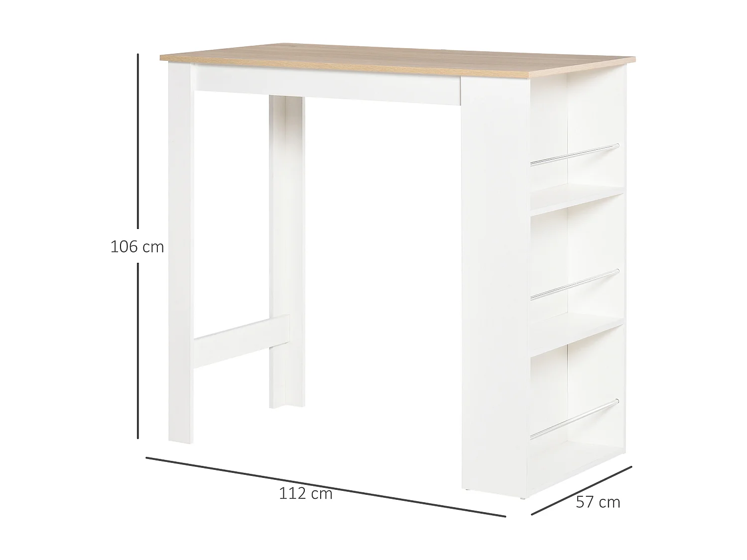 Table de bar table haute de cuisine mange-debout comptoir - 3 étagères - aspect chêne clair blanc