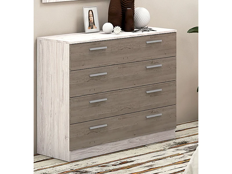 Commode avec 4 tiroirs coloris pin andersen, pin gris - Longueur 100 x profondeur 40 x hauteur 84 cm