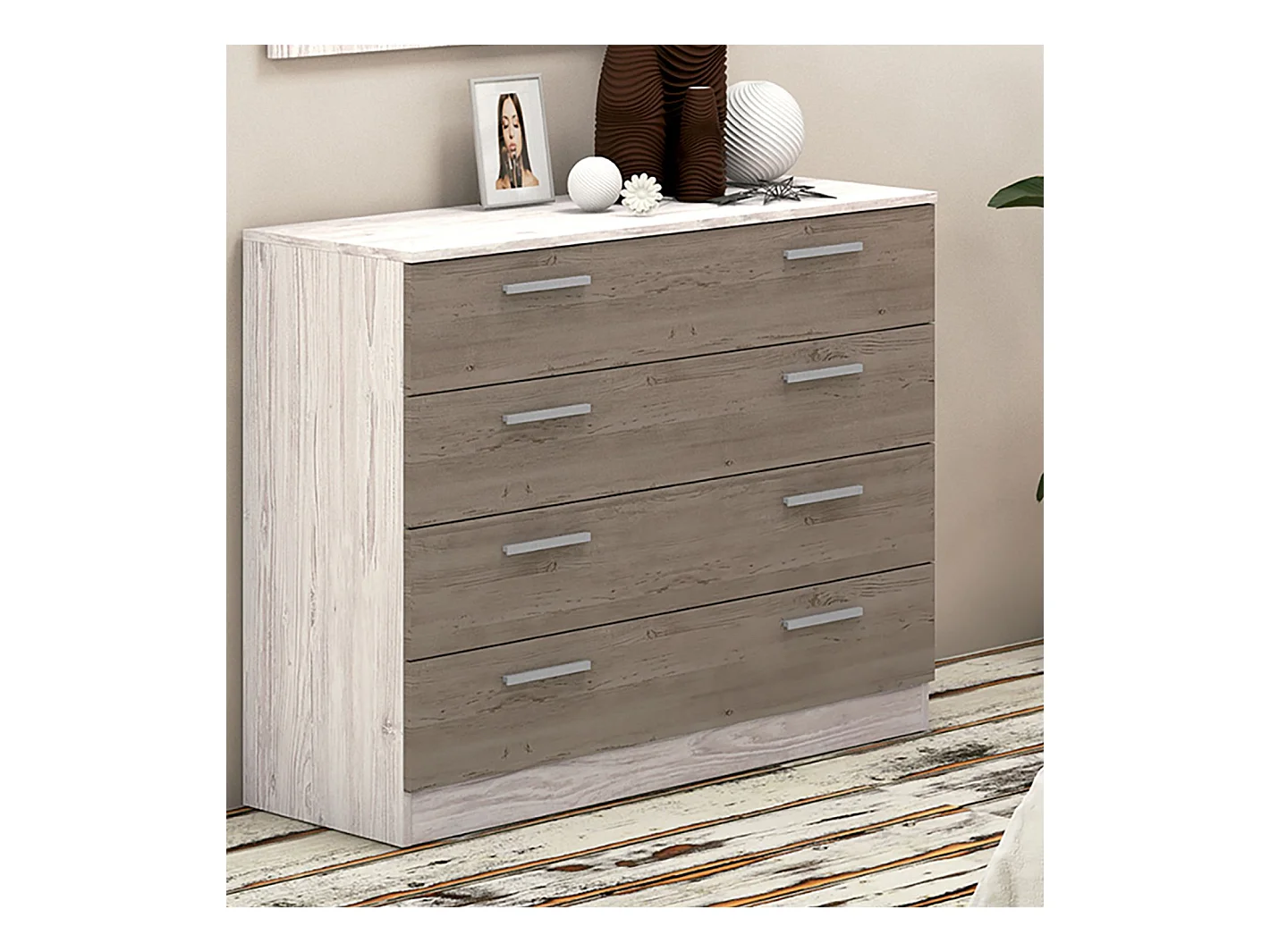 Commode avec 4 tiroirs coloris pin andersen, pin gris - Longueur 100 x profondeur 40 x hauteur 84 cm