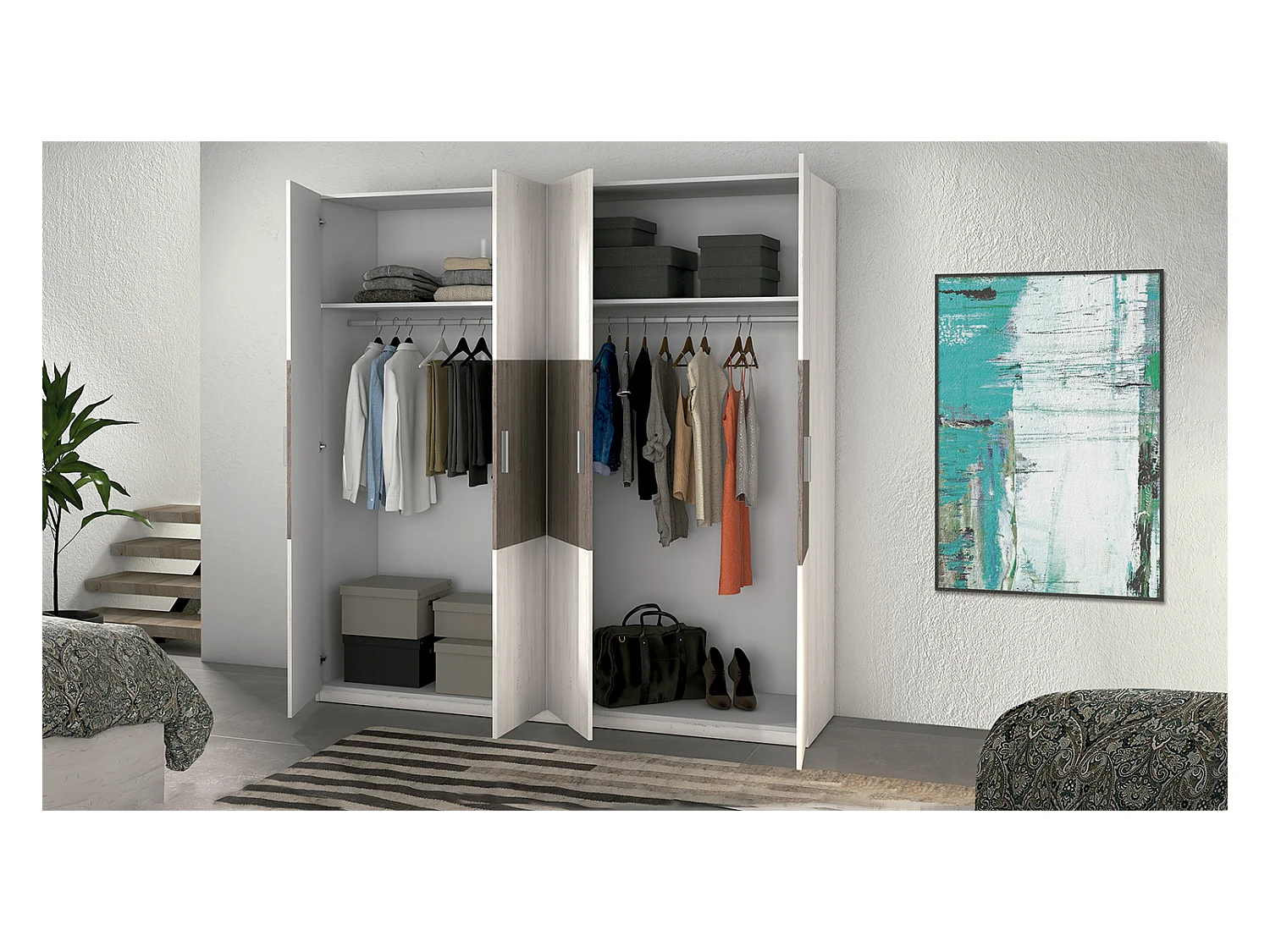 Armoire, meuble de rangement coloris pin andersen, pin gris - Longueur 200 x Profondeur 56 x Hauteur 206 cm