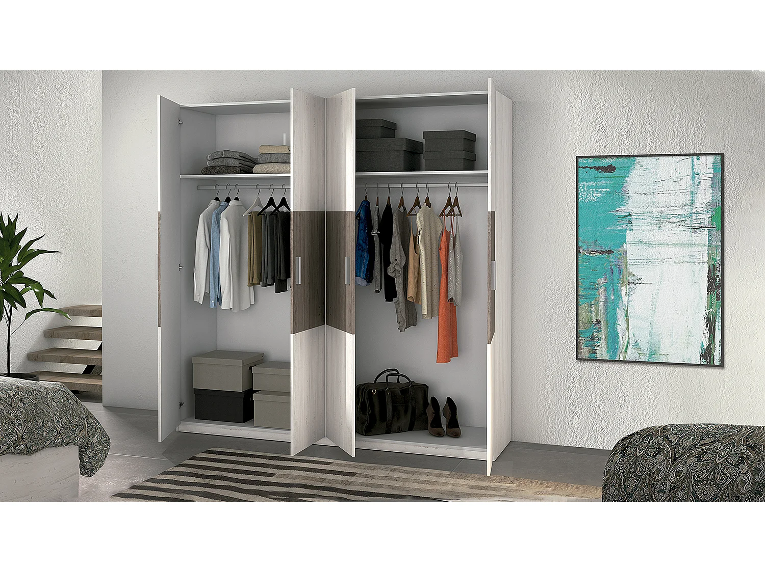 Armoire, meuble de rangement coloris pin andersen, pin gris - Longueur 200 x Profondeur 56 x Hauteur 206 cm