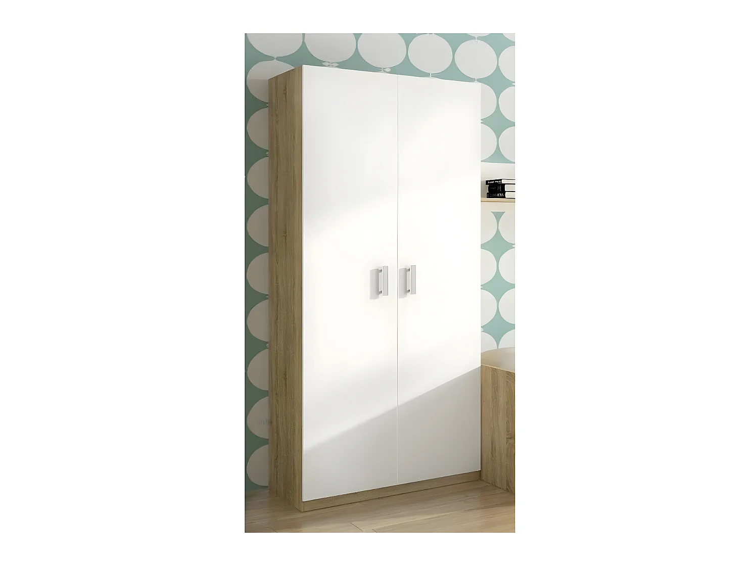 Armoire, meuble de rangement 2 portes coloris Chêne cambrian/Blanc - Longueur 90 x profondeur 50 x hauteur 199,4 cm
