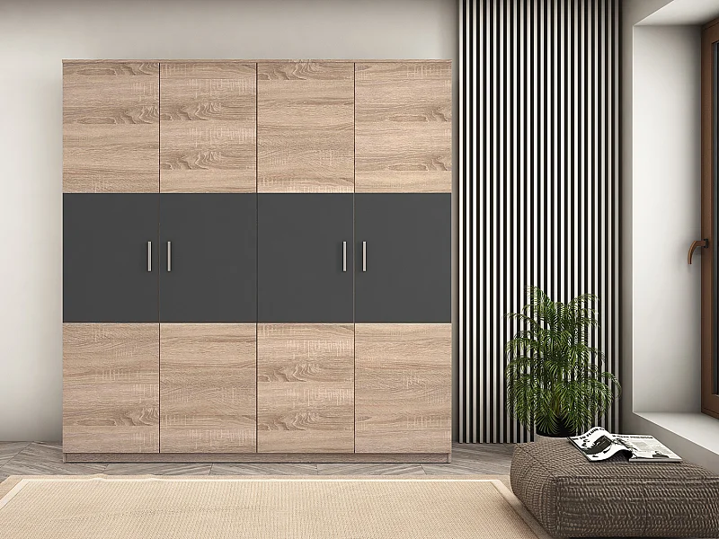 Armoire, meuble de rangement coloris Chêne cambrian/graphite - Longueur 200 x Profondeur 56 x Hauteur 206 cm