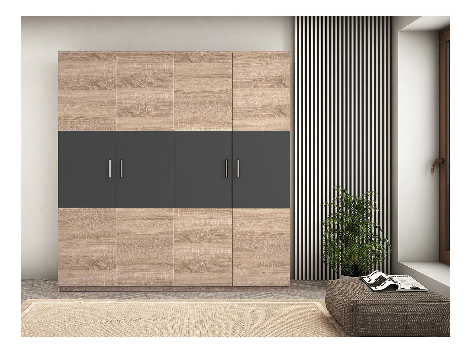 Armoire, meuble de rangement coloris Chêne cambrian/graphite - Longueur 200 x Profondeur 56 x Hauteur 206 cm