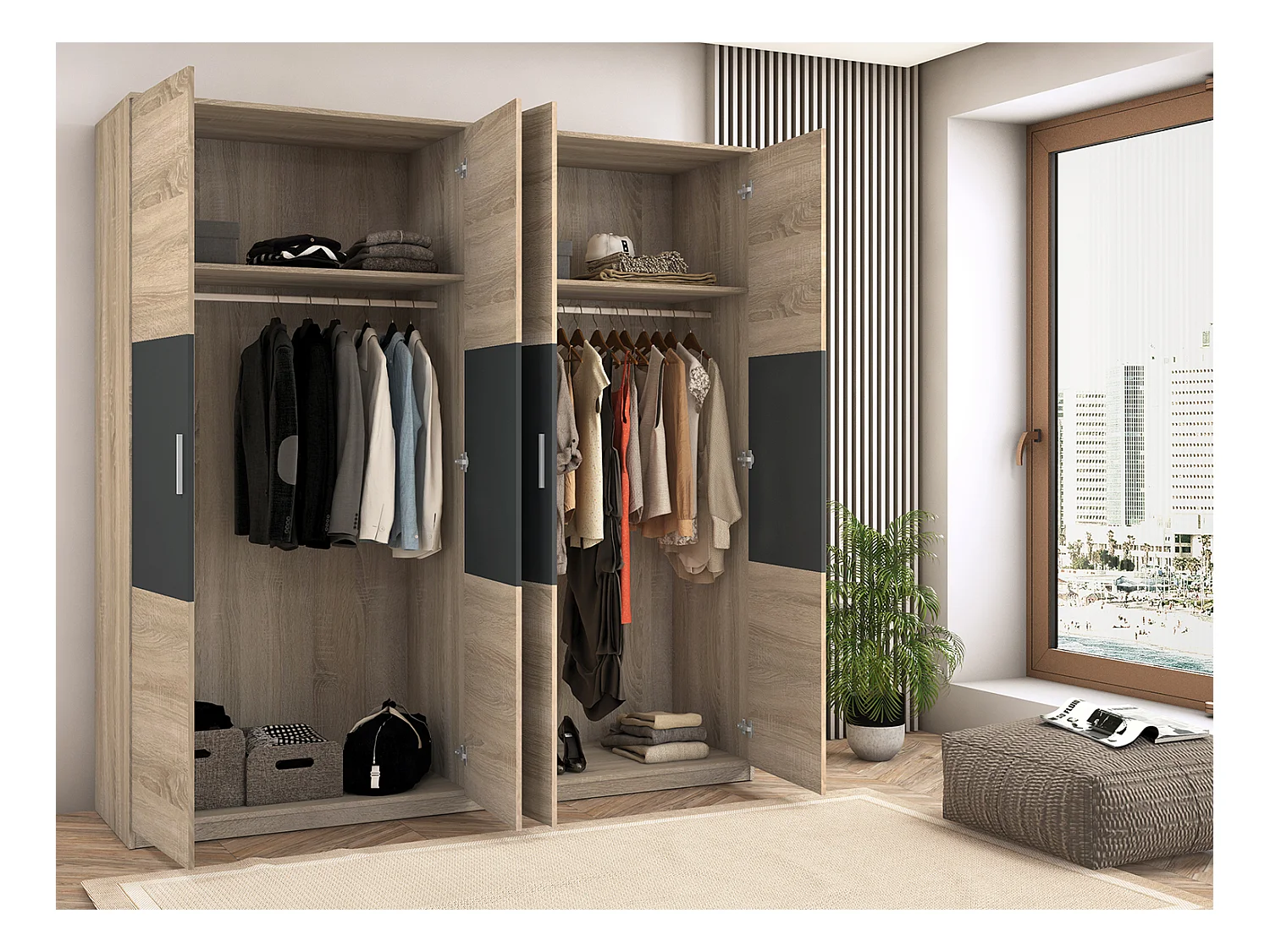 Armoire, meuble de rangement coloris Chêne cambrian/graphite - Longueur 200 x Profondeur 56 x Hauteur 206 cm