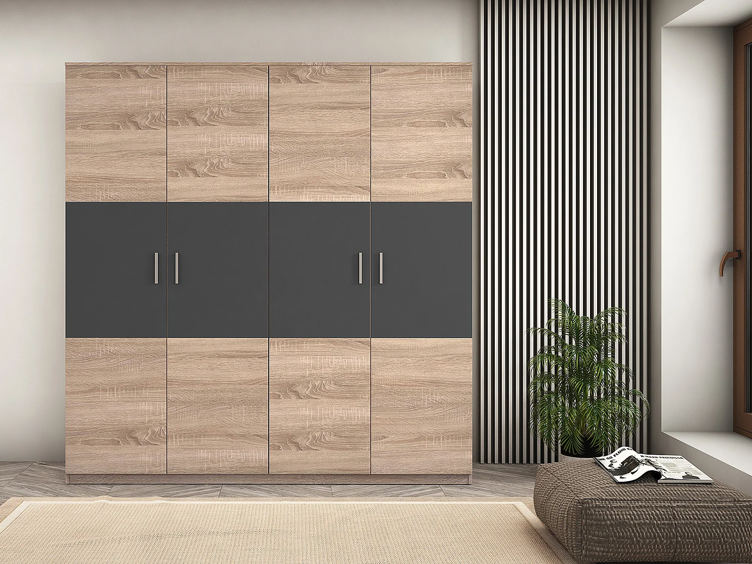 Armoire, meuble de rangement coloris Chêne cambrian/graphite - Longueur 200 x Profondeur 56 x Hauteur 206 cm