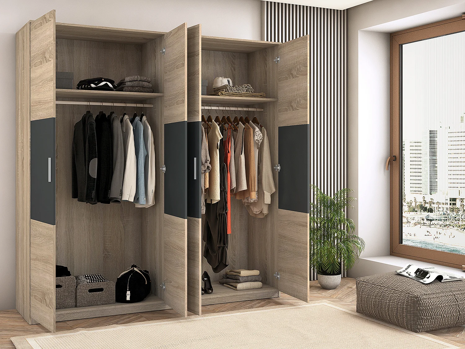 Armoire, meuble de rangement coloris Chêne cambrian/graphite - Longueur 200 x Profondeur 56 x Hauteur 206 cm