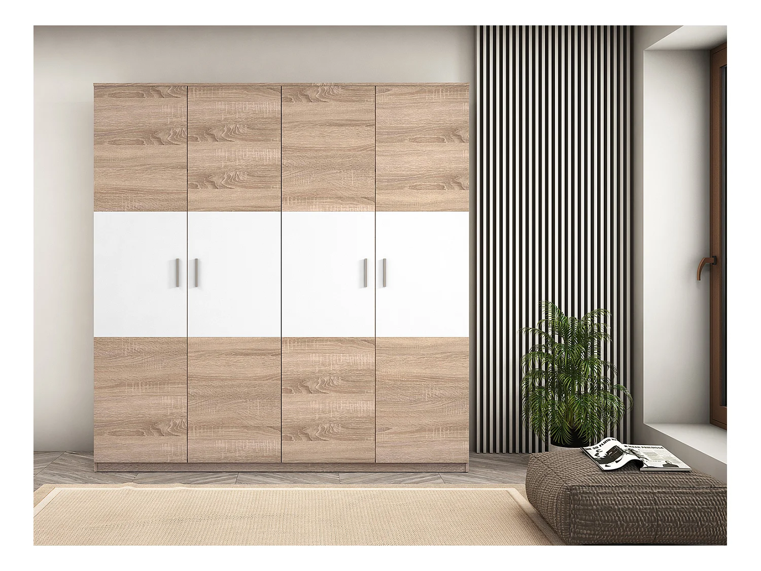 Armoire, meuble de rangement coloris Chêne cambrian/blanc - Longueur 200 x Profondeur 56 x Hauteur 206 cm