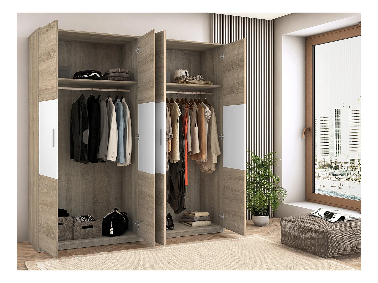 Armoire, meuble de rangement coloris Chêne cambrian/blanc - Longueur 200 x Profondeur 56 x Hauteur 206 cm