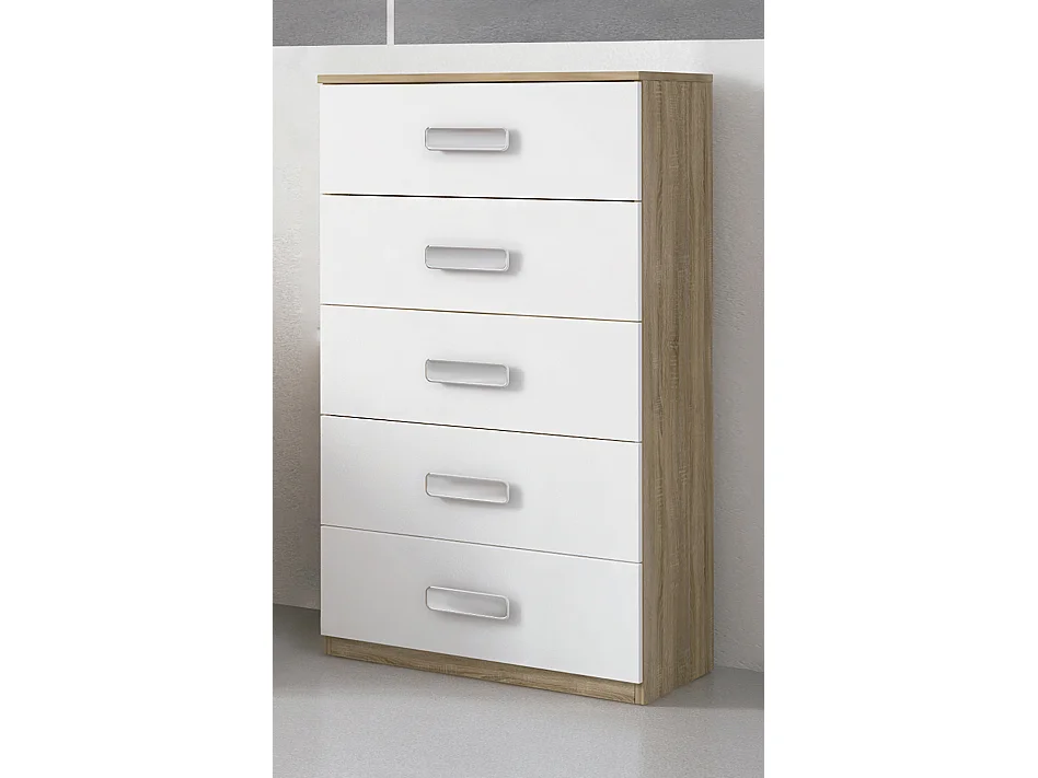 Chiffonnier avec 5 tiroirs coloris Chêne cambrian/blanc - Longueur 60 x profondeur 37,8 x hauteur 108 cm