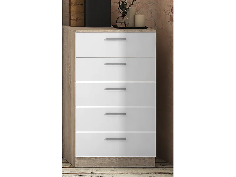 Chiffonnier avec 5 tiroirs coloris chêne cambrian/blanc - Longueur 60 x profondeur 40 x hauteur 102,7 cm