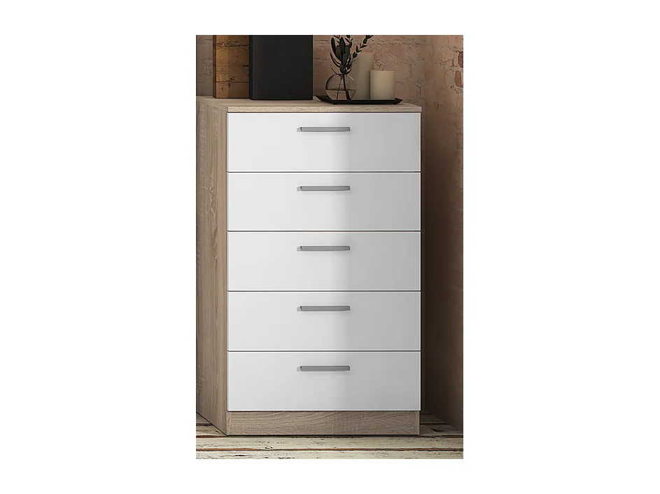 Chiffonnier avec 5 tiroirs coloris chêne cambrian/blanc - Longueur 60 x profondeur 40 x hauteur 102,7 cm