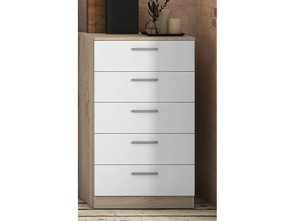 Chiffonnier avec 5 tiroirs coloris chêne cambrian/blanc - Longueur 60 x profondeur 40 x hauteur 102,7 cm