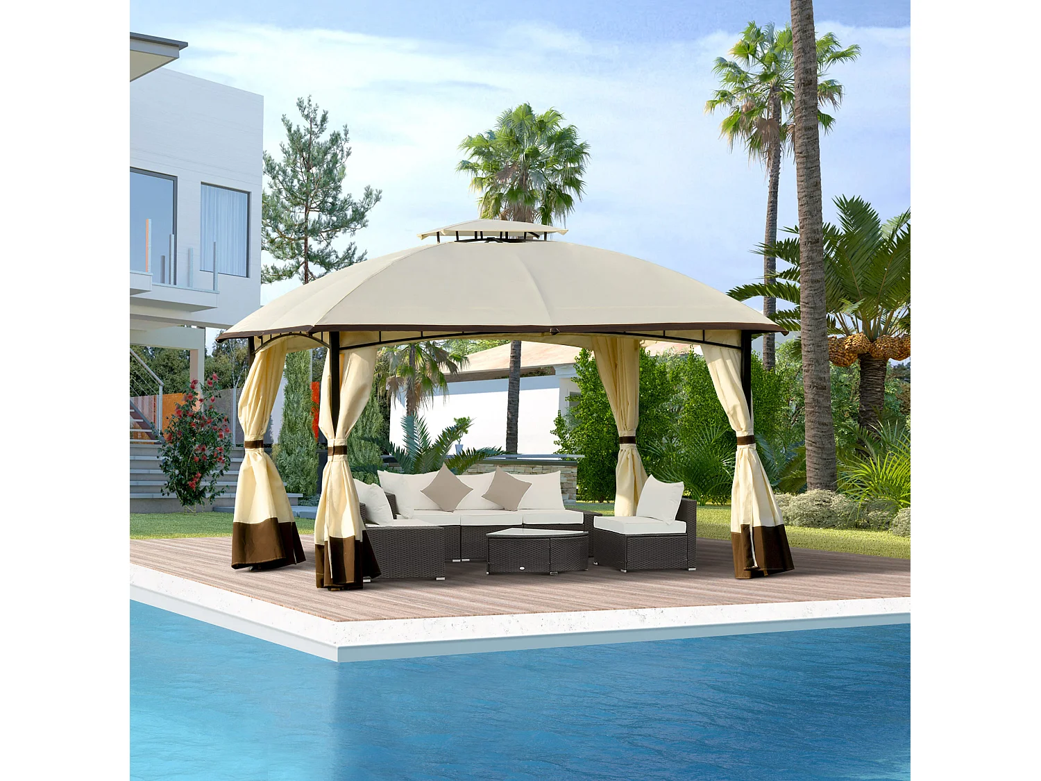 Tonnelle barnum pavillon de jardin style colonial double toit toiles latérales amovibles 3,6L x 2,97l x 2,73H m polyester crème café