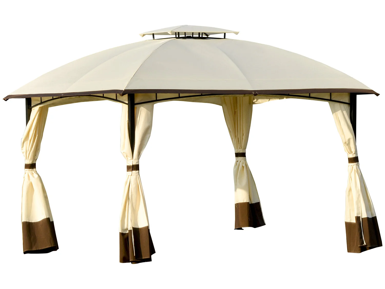 Tonnelle barnum pavillon de jardin style colonial double toit toiles latérales amovibles 3,6L x 2,97l x 2,73H m polyester crème café