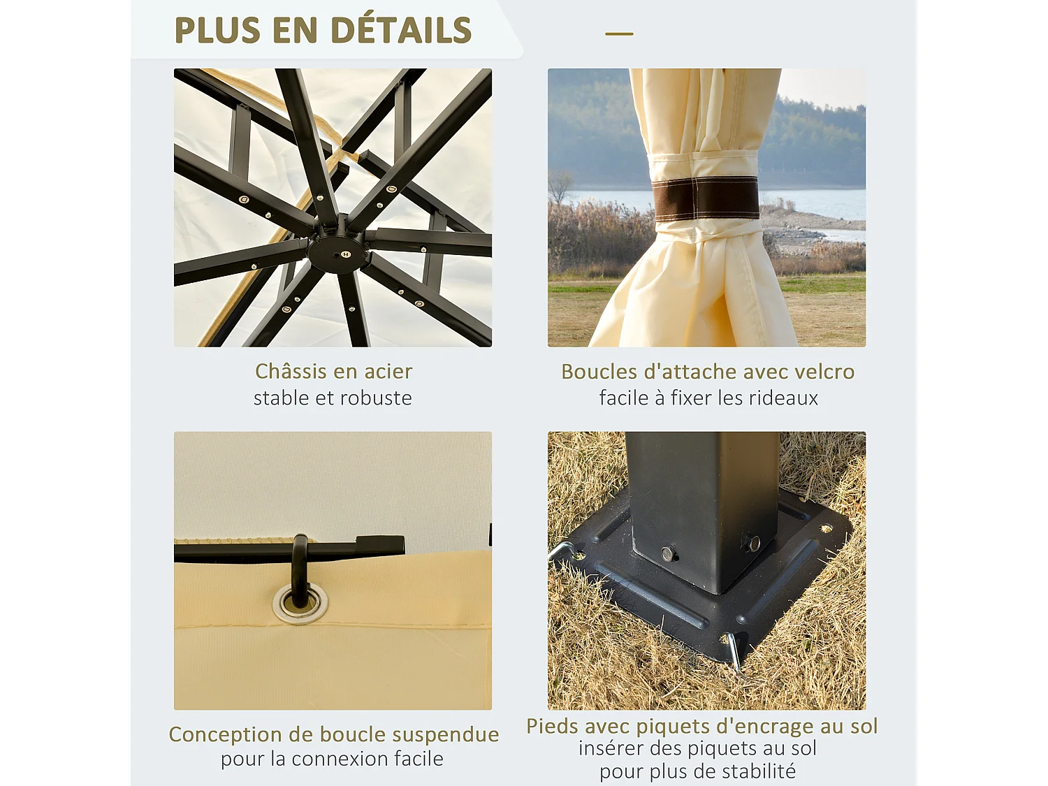 Tonnelle barnum pavillon de jardin style colonial double toit toiles latérales amovibles 3,6L x 2,97l x 2,73H m polyester crème café