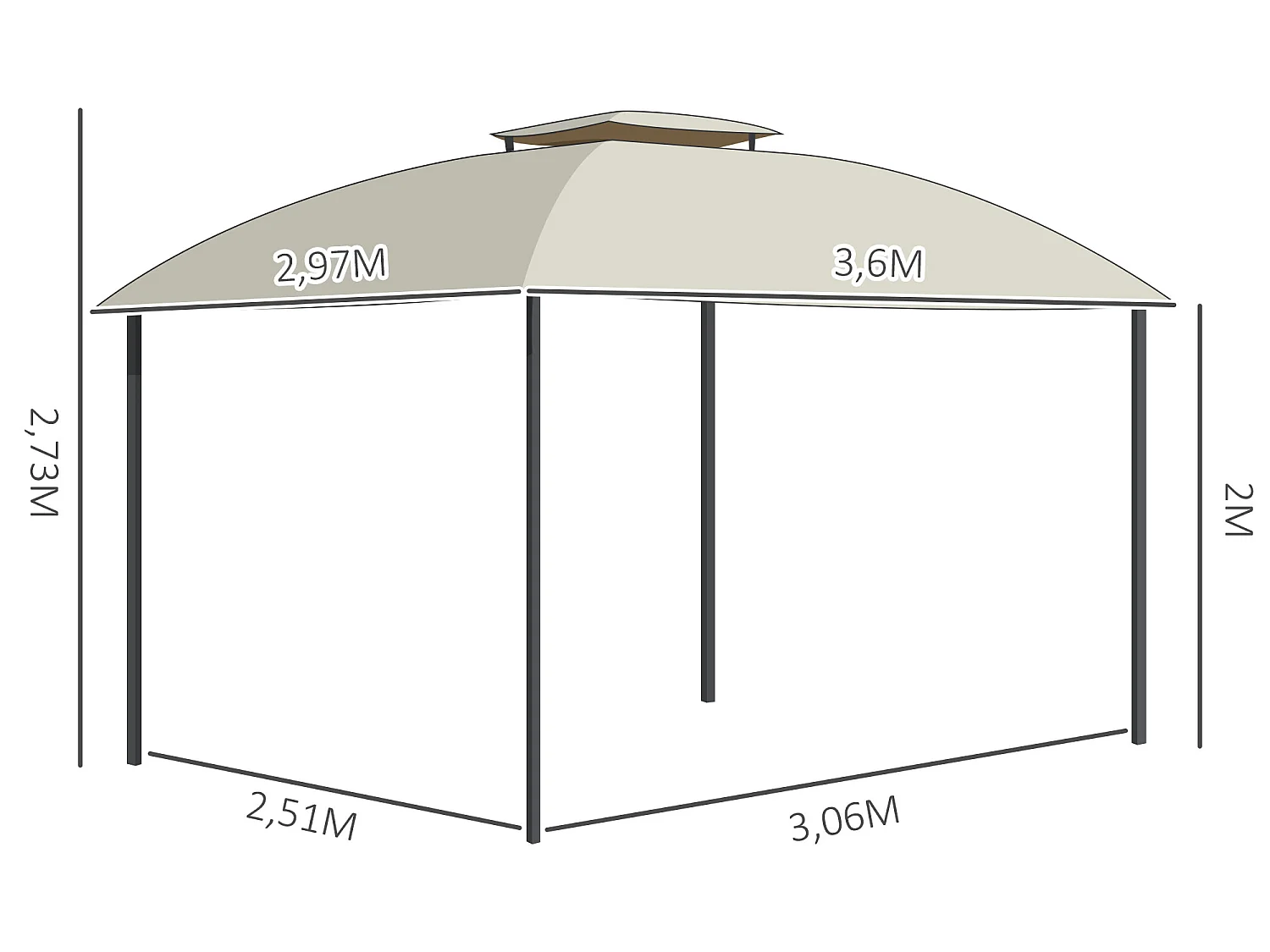 Tonnelle barnum pavillon de jardin style colonial double toit toiles latérales amovibles 3,6L x 2,97l x 2,73H m polyester crème café