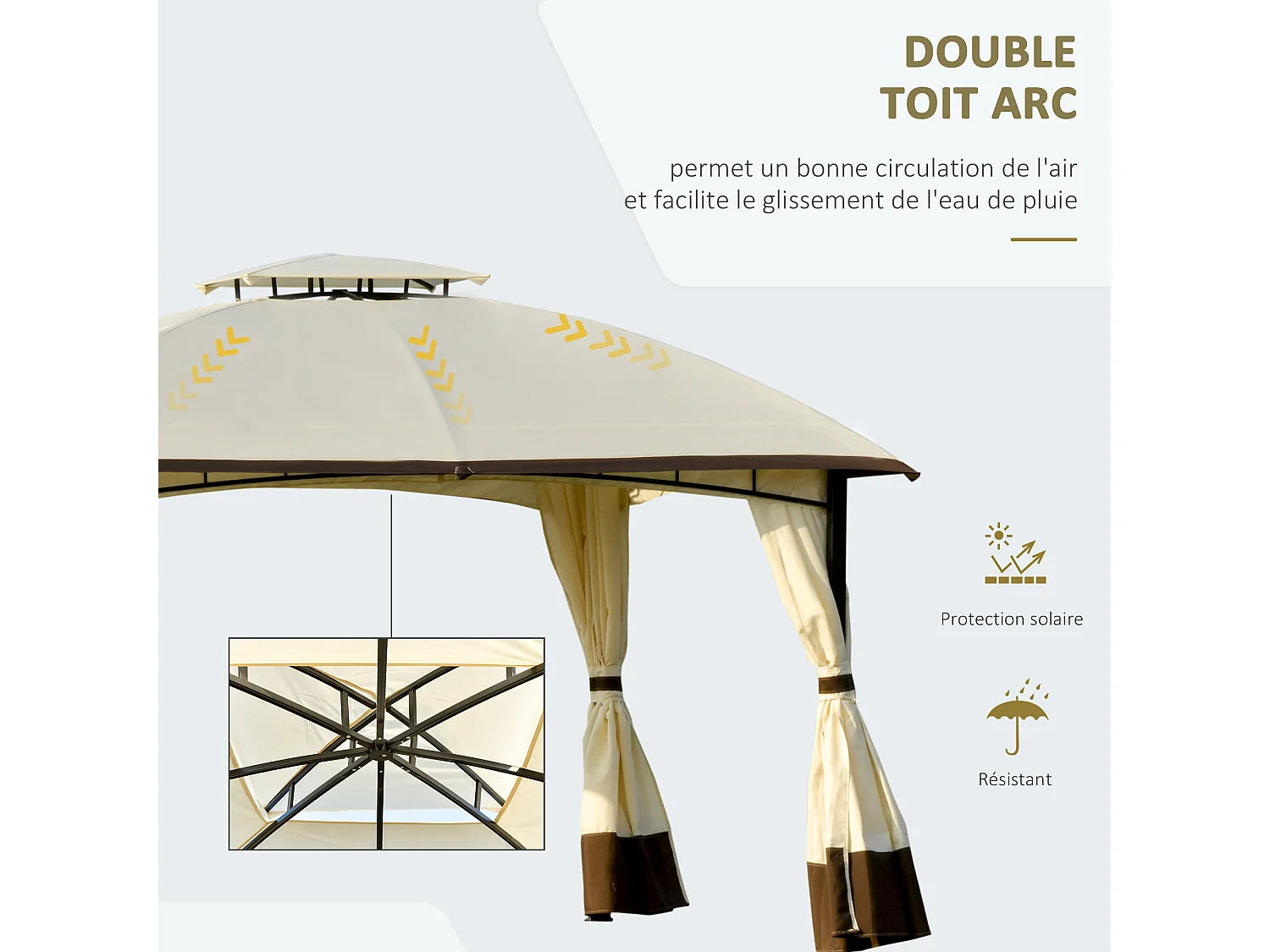 Tonnelle barnum pavillon de jardin style colonial double toit toiles latérales amovibles 3,6L x 2,97l x 2,73H m polyester crème café