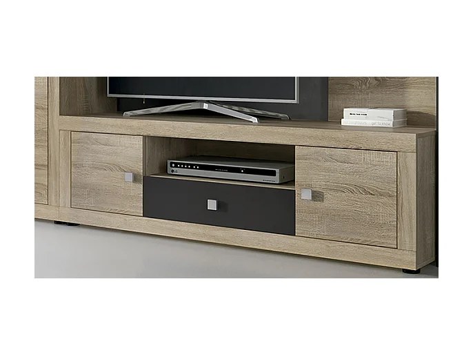 Ensemble de salon meuble TV +1 étagère murale + armoire avec éclairage LED + bibliothèque coloris chêne cambrian, chocolat