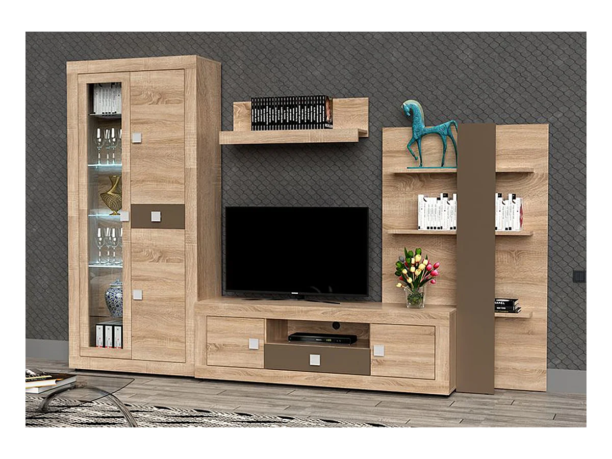 Ensemble de salon meuble TV +1 étagère murale + armoire avec éclairage LED + bibliothèque coloris chêne cambrian, chocolat