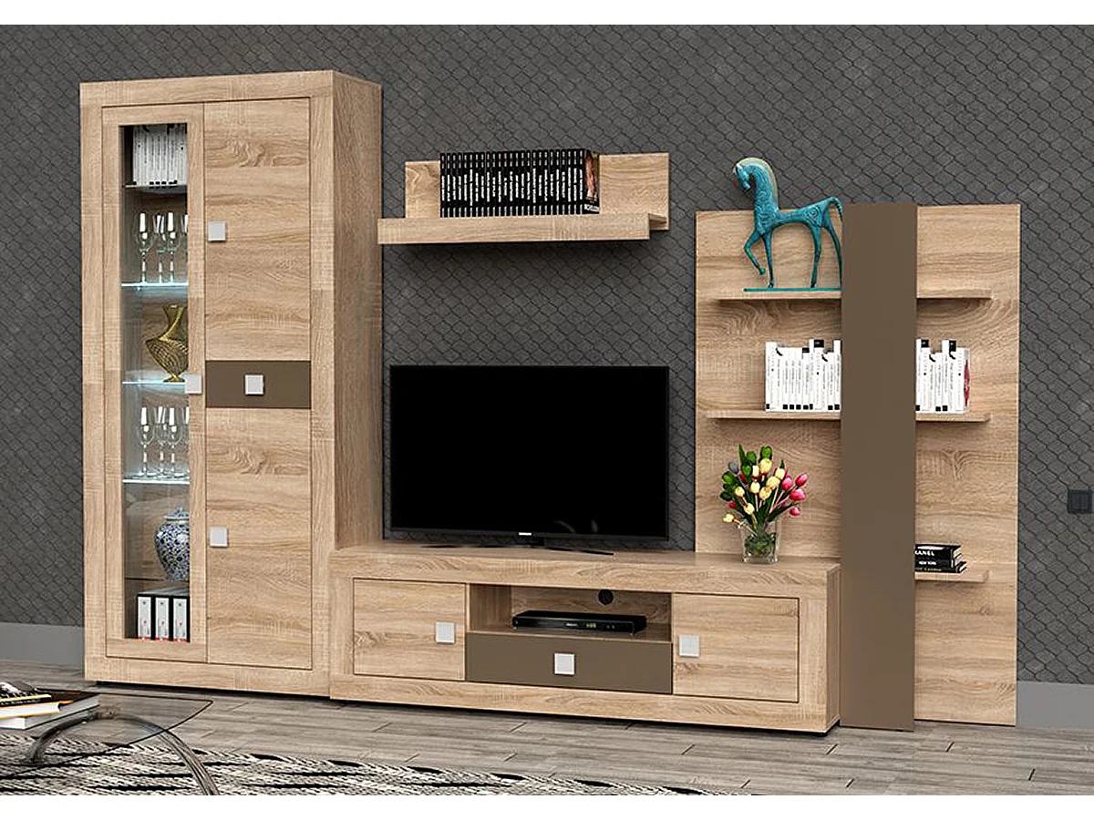 Ensemble de salon meuble TV +1 étagère murale + armoire avec éclairage LED + bibliothèque coloris chêne cambrian, chocolat