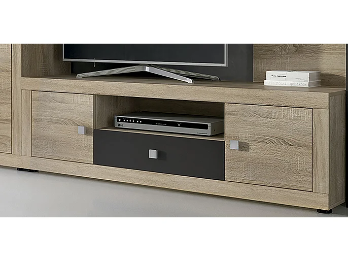 Ensemble de salon meuble TV +1 étagère murale + armoire avec éclairage LED + bibliothèque coloris chêne cambrian, chocolat