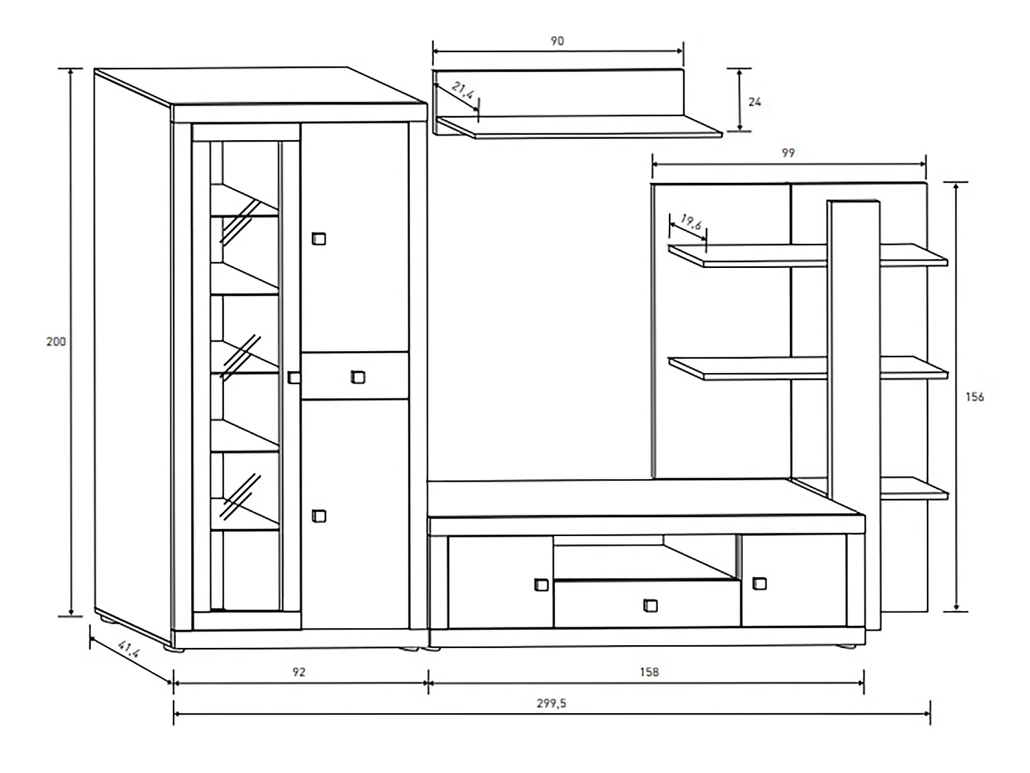 Ensemble de salon meuble TV +1 étagère murale + armoire avec LED + bibliothèque coloris pin andersen, pin gris