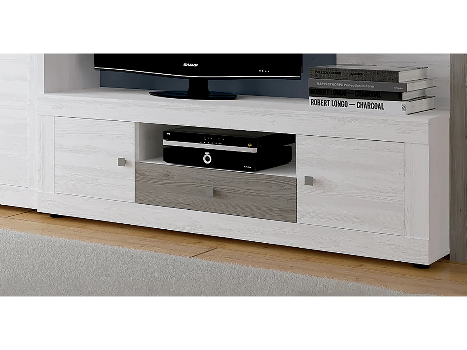 Ensemble de salon meuble TV +1 étagère murale + armoire avec LED + bibliothèque coloris pin andersen, pin gris